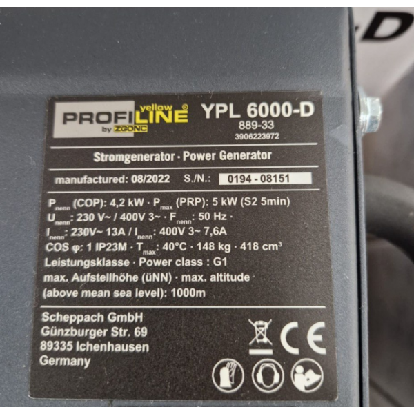 Дизельный генератор 3 фазный Scheppach PROFILINE YPL-6000-D Электрозапуск / 5 kW